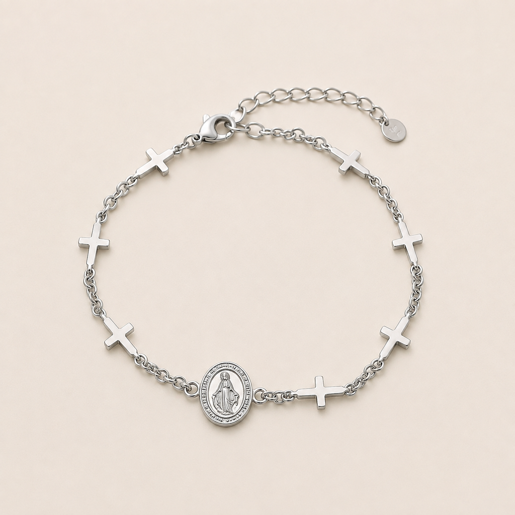 Bracelet Vierge Marie avec Croix - Acier Inoxydable