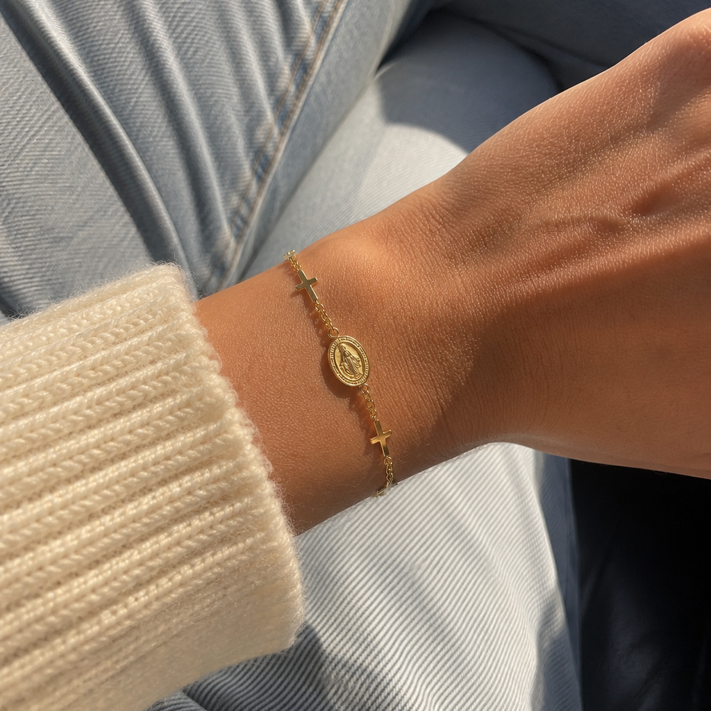 Bracelet Vierge Marie avec Croix - Acier Inoxydable