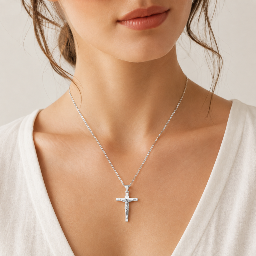 Collier Crucifix en finition Argent - Croix Catholique