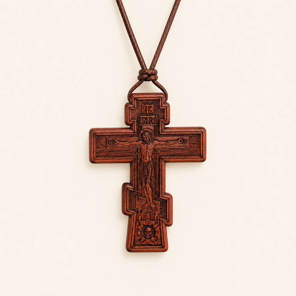 Collier Croix orthodoxe en Bois avec crucifix