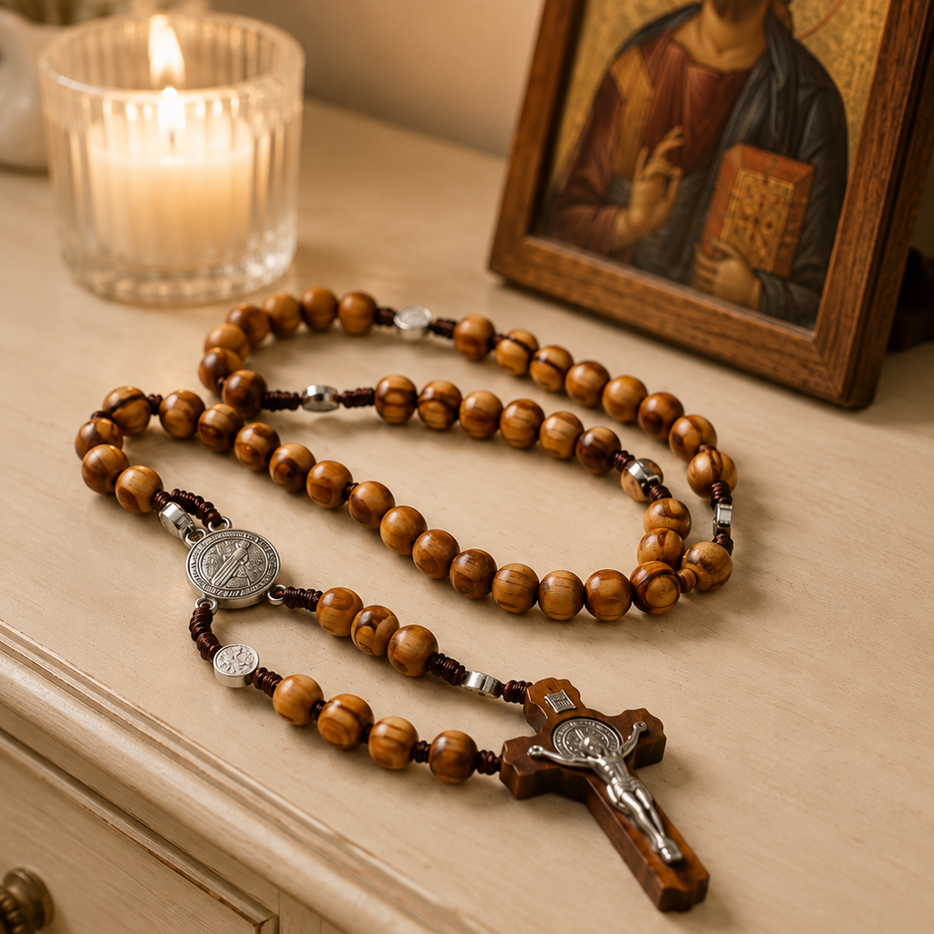 Chapelet Saint Benoît en bois avec crucifix - Chapelet chrétien