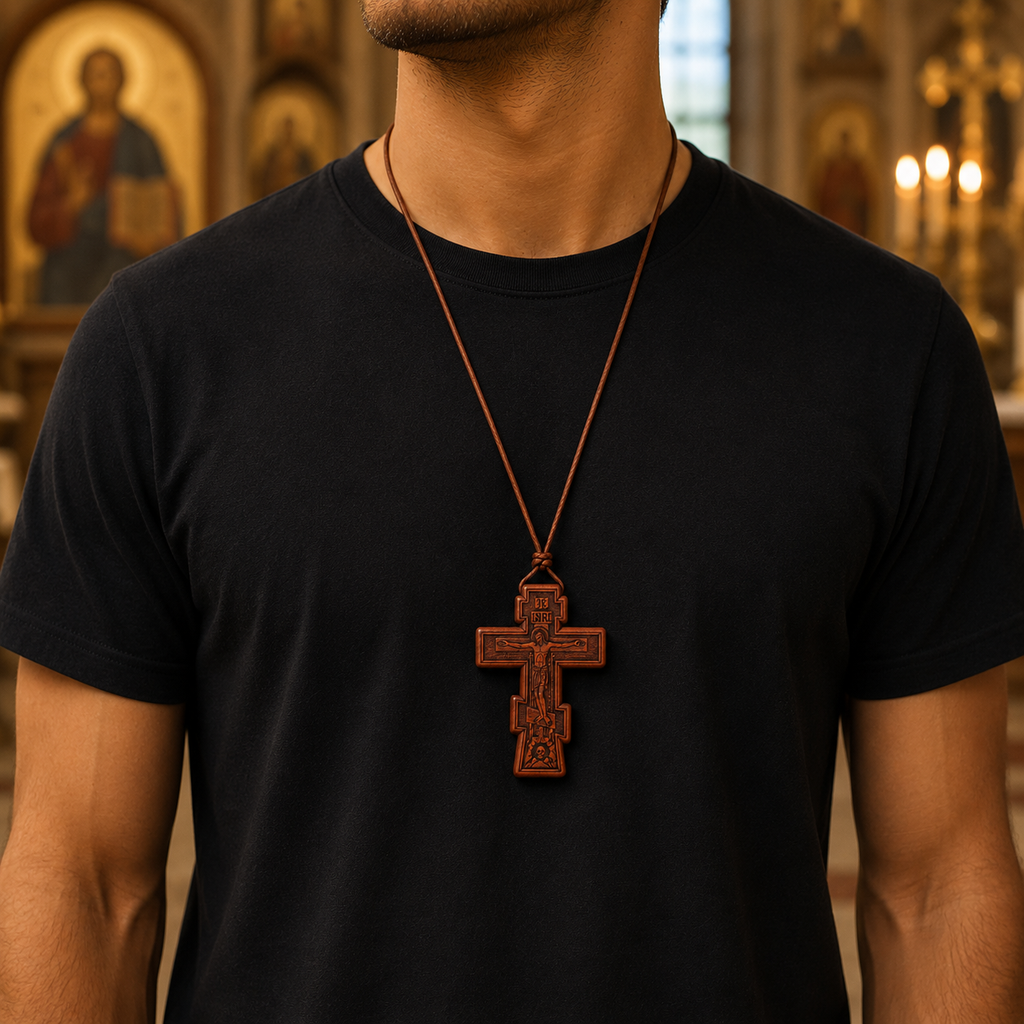 Collier Croix orthodoxe en Bois avec crucifix