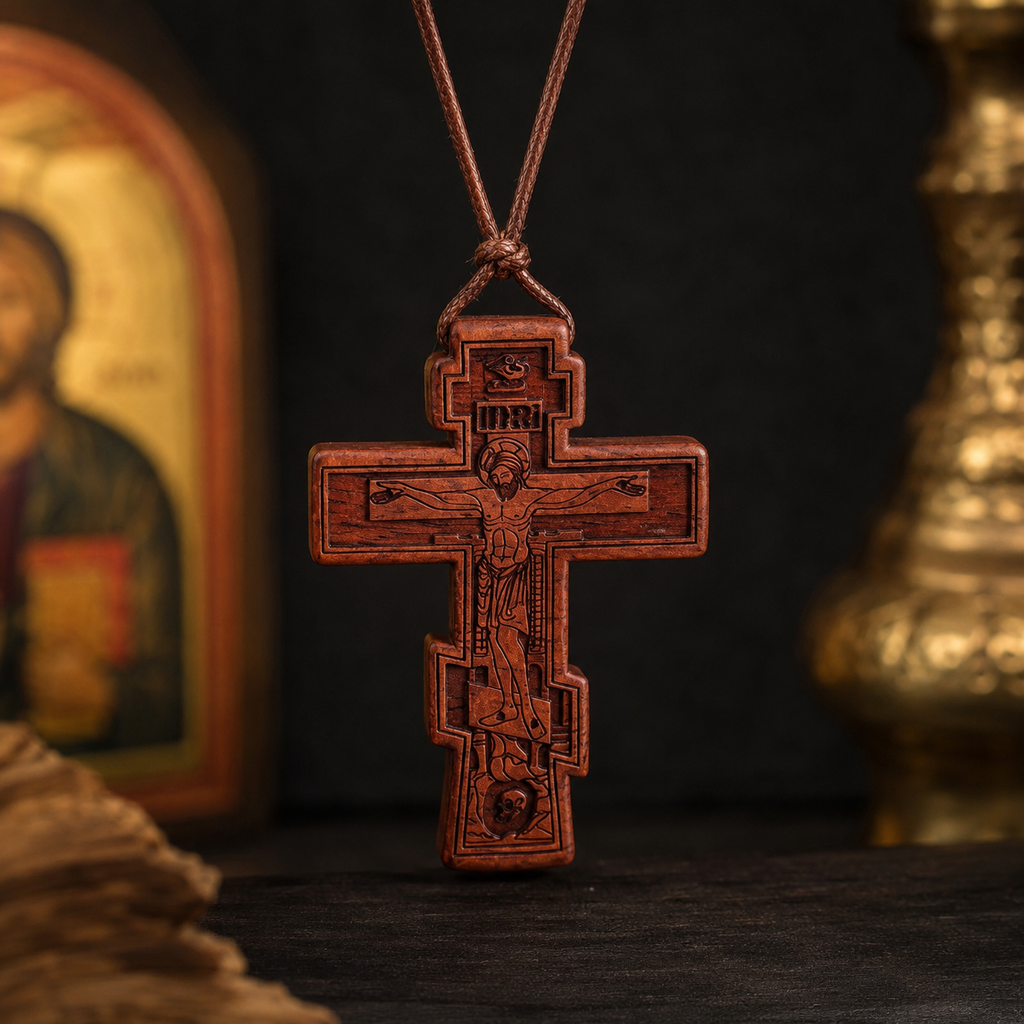 Collier Croix orthodoxe en Bois avec crucifix