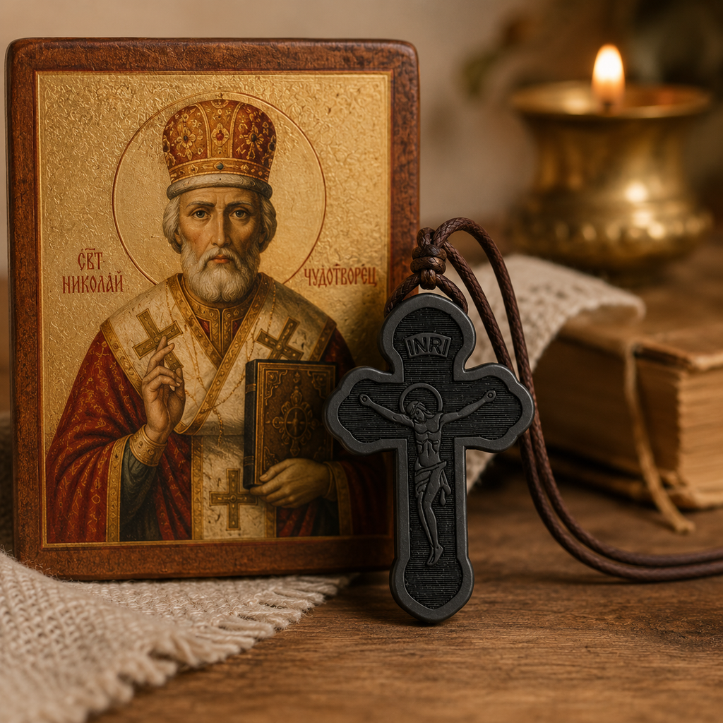 Collier Crucifix Orthodoxe Noir - Pendentif en bois