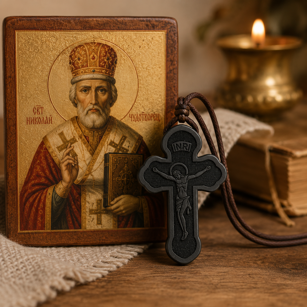Collier Crucifix Orthodoxe Noir - Pendentif en bois