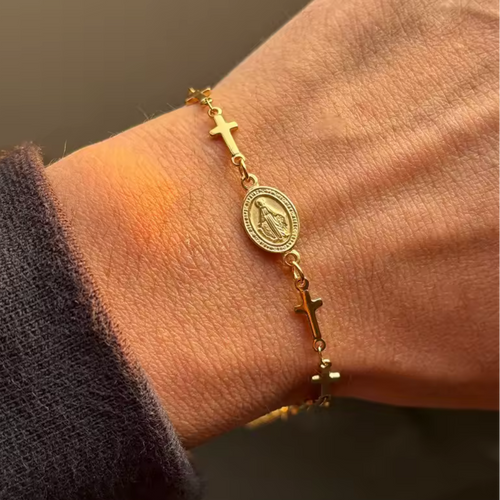 Bracelet Vierge Marie avec Croix - Acier Inoxydable