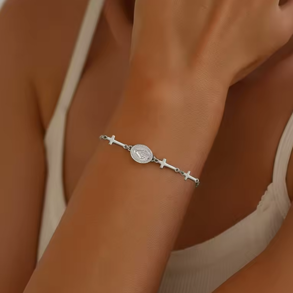 Bracelet Vierge Marie avec Croix - Acier Inoxydable